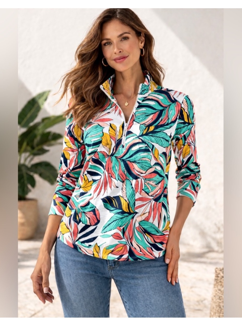 Talbots Multicolor Tropical Leaf Quarter-Zip Pullover Size LP